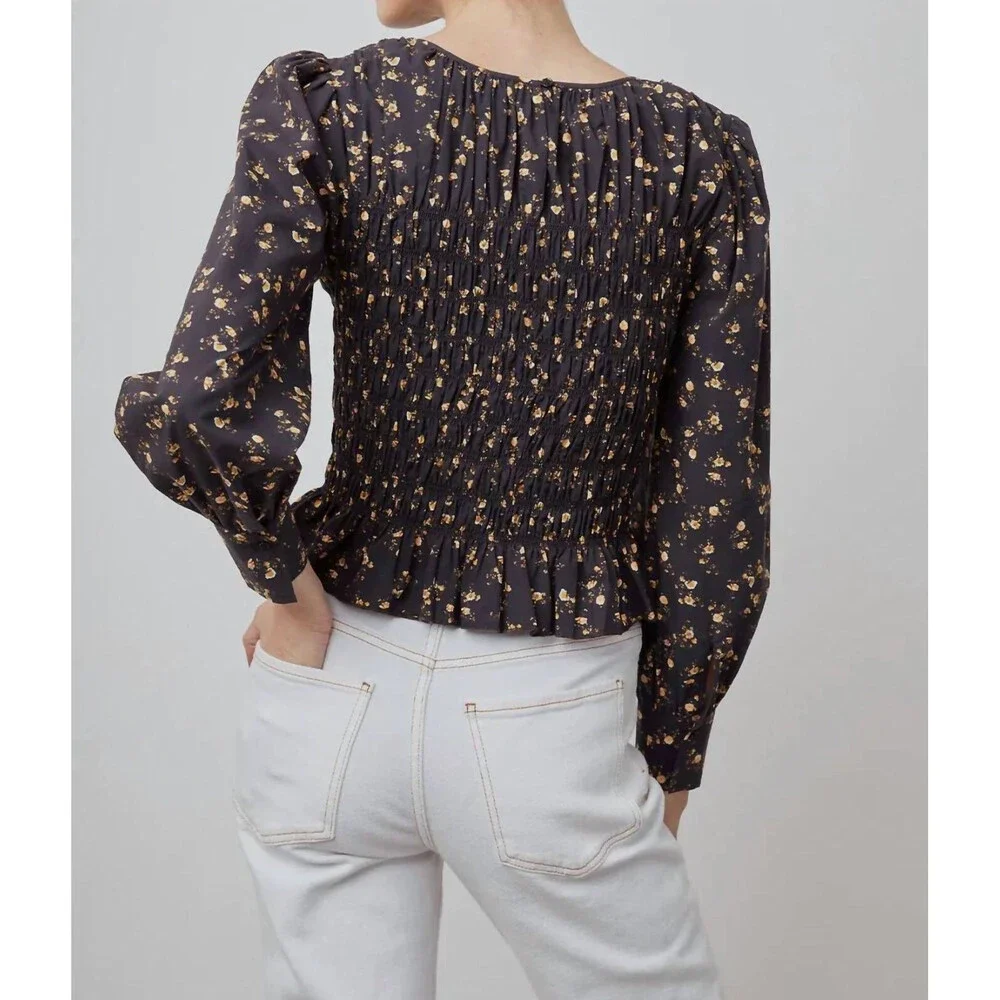 $198 Rails Women's Black Tabi Floral Smocked Long Sleeve Blouse Top Size L - Picture 2 of 3